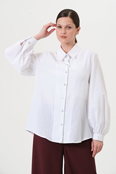 RELAXL Plus Size 100% Cotton Balloon Sleeve Women's White Shirt