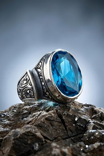 Takıdepo Erzurum Kalem İşçiliği Sultan Model Mavi Topaz Zirkon Taşlı Erkek Yüzük