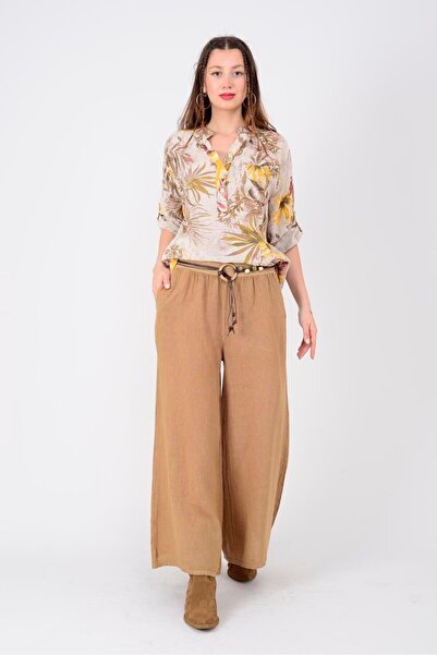 EREN STYLE Italian Corsage Buckle Belted Wide Leg Linen Trousers
