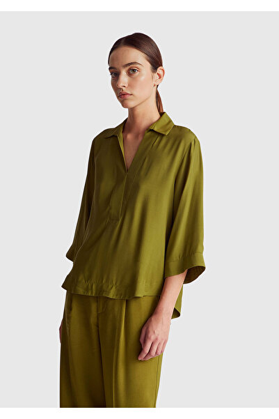 United Colors of Benetton Women's Khaki Green 100% Viscose Half Sleeve Shirt ...