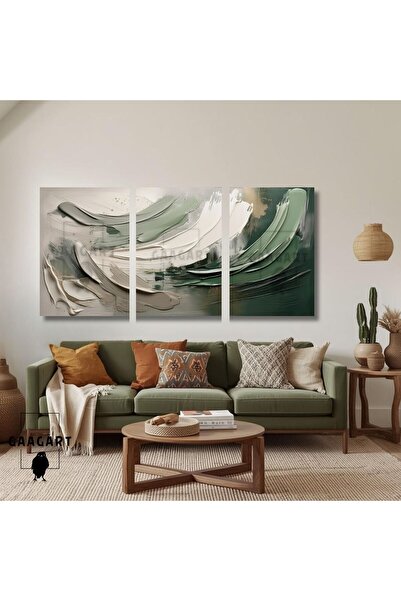 GAAGART 3'lü Kanvas Salon Tablosu Seti Yeşil Fırça Darbeleri Soyut