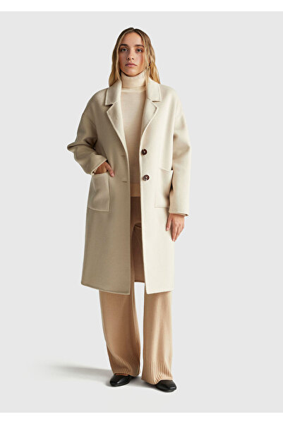 United Colors of Benetton Women's Cream Wool and Viscose Blend Buttoned Coat ...