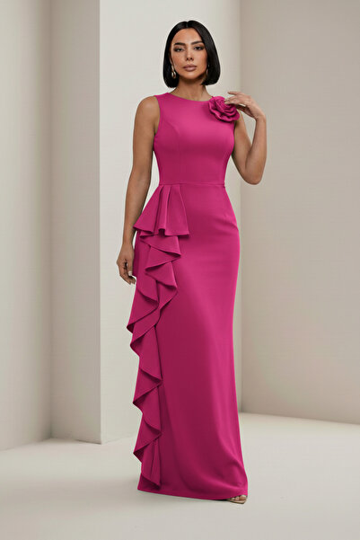 ALFUDO Moda Collection Evening Dress with Floral Detail on the Shoulder and S...