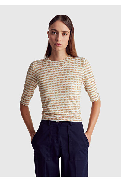 United Colors of Benetton Women's cream viscose blend patterned crew neck sho...