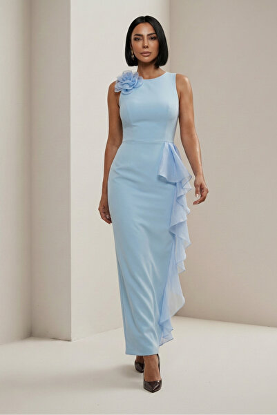 ALFUDO Moda Collection Evening Dress with Floral Detail on the Shoulder and S...