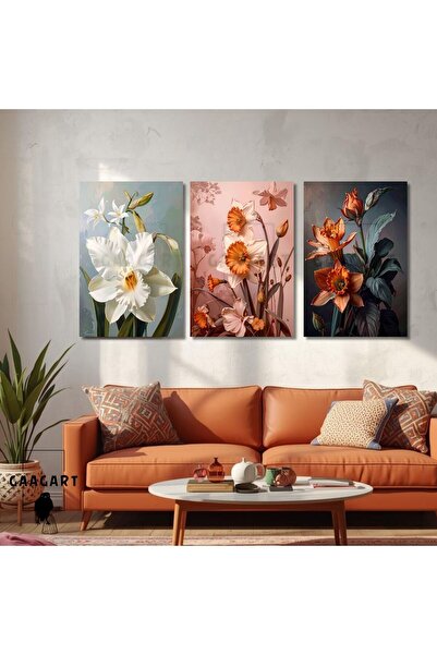 GAAGART 3'lü Kanvas Salon Tablosu Seti Renkli Nergis Çiçekleri