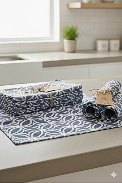 Rona Home 6-Piece American Service Set Blue White Geometric Pattern Cotton Fa...