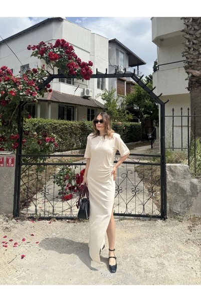 Vogue Women's Short Sleeve Long Side Slit Dress - Beige