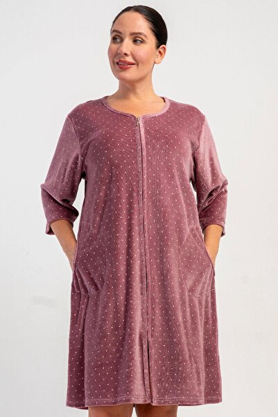 VİENETTA Women's Plus Size Velvet Fabric Zippered Capri Sleeve Home Dress Nig...
