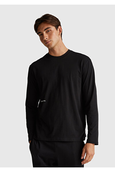 United Colors of Benetton Men's Black 100% Cotton Logo Detailed Pajama Top