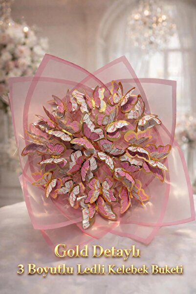 Melonİst LED Işıklı 3 Boyutlu, Gold Detaylı pembe Kelebek Buketi – Romantik H...