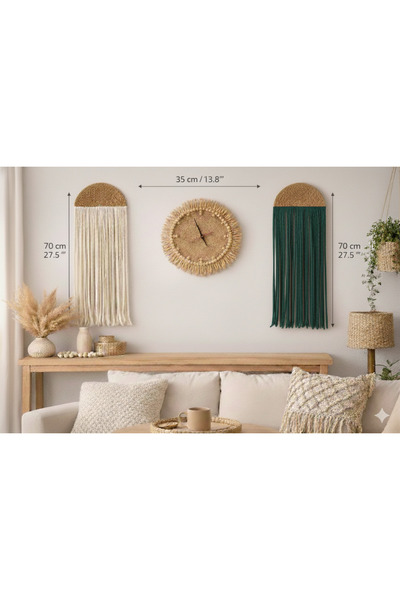 AYBÜK PABUÇ MAKROME DUVAR SÜSÜ VE BOHEM TARZ HASIR DUVAR SAATİ 3 LÜ SET