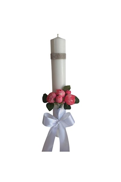 Lumanarela Baptism/Wedding Candle, White, 6x42 cm, with Artificial Peonies, R...