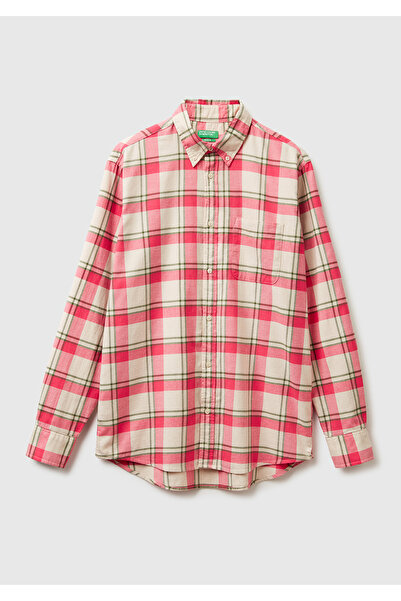 United Colors of Benetton Men's red plaid 100% cotton square patterned shirt ...
