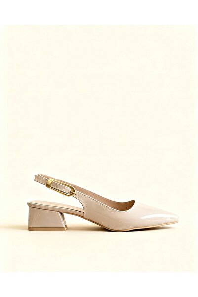 NUG Margaery Women's Short Heeled Beige Patent Leather Shoes with Gold Buckle