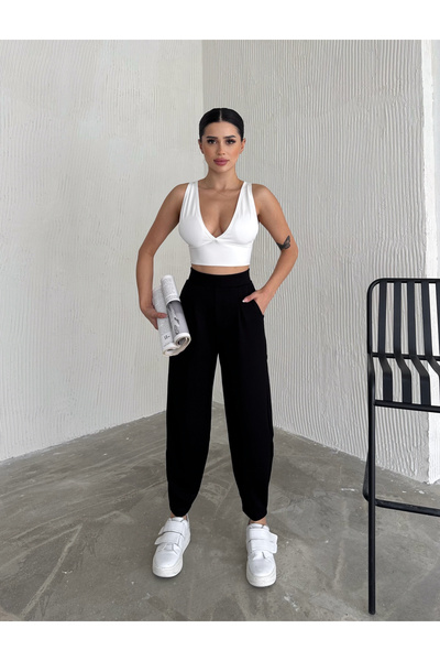 OZIVA بنطلون نسائي من قماش المودال المطوي ذو خصر مرتفع وملمس ناعم