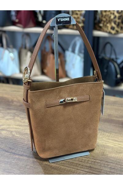 V'SHINE MODEL 5021 KİLİT DETAYLI HAKİKİ DERİ SÜET ÇANTA (TABA)
