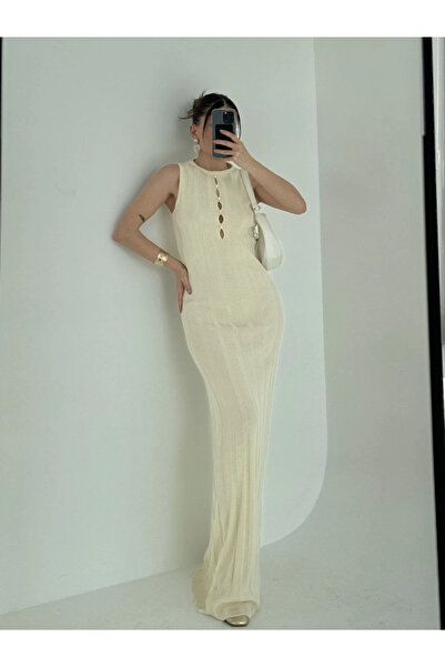 Vogue Kalın Fitilli Uzun Triko Elbise - Kırık Beyaz