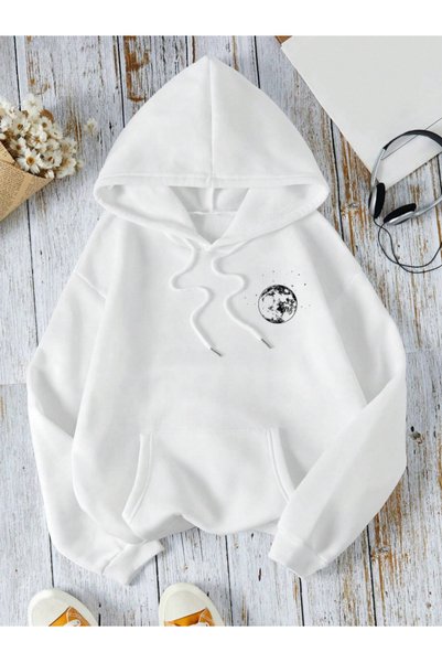 Baycombine35 Moda Unisex 3 İplik Ş Fleece-Lined Print Detailed K Hooded Sweatshirt