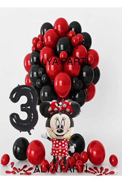 ALYA PARTİ 3 Yaş Rakam Folyo Balonlu Minnie Doğum Günü Seti