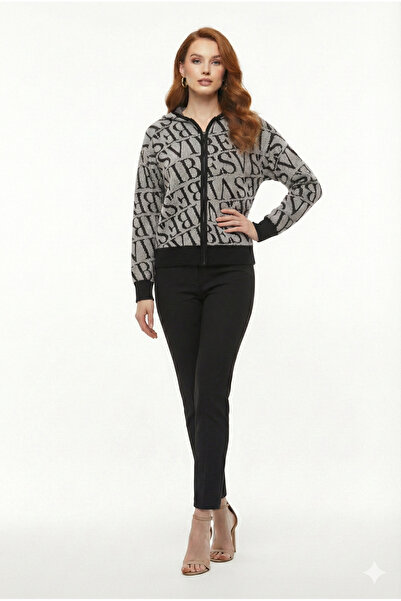 Neden Tekstil Gray/Black Textured Hooded Knitwear Cardigan