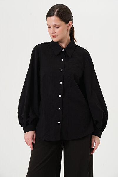 RELAXL Plus Size Comfortable Fit Balloon Sleeve Black Women's Shirt