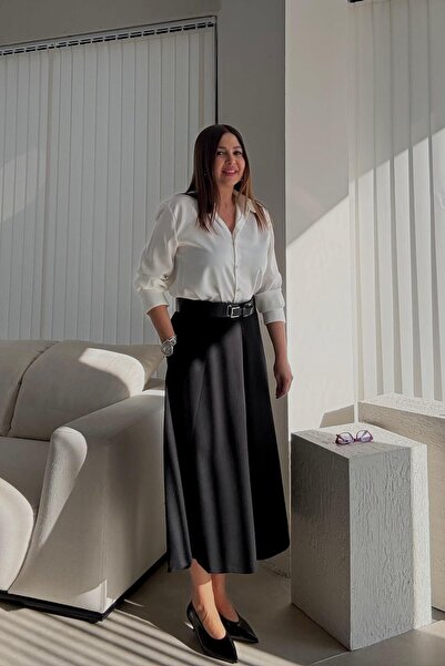 ELVAN TOLON Siyah Beli Kemerli Etek