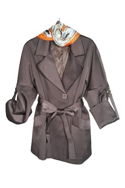 L-line fashion Women's jacket, short, belt at the waist, brown, 44