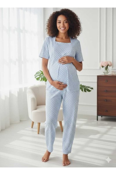 MODA Baby Blue Polka Dot Short-Sleeved Adjustable Waist Breastfeeding Button Full-Length Maternity Pajama Set