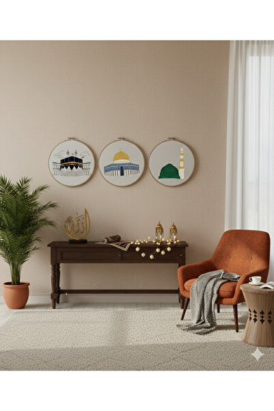 Sanatsal Nakış 3'lü Kabe -Mescidi Aksa ve Mescidi Nebevi Ahşap Kasnak Tablo D...
