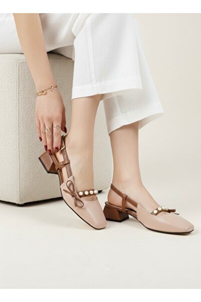 NOVELLAM SHOES Women's Veran Beige Bow Stone Detailed Classic Heeled Shoes