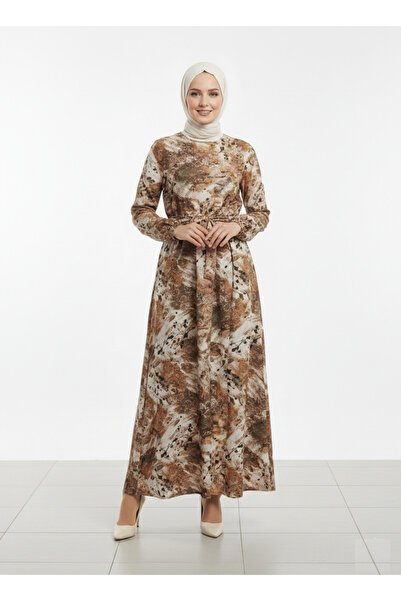 Store Desenli Uzun Tesettür Elbise