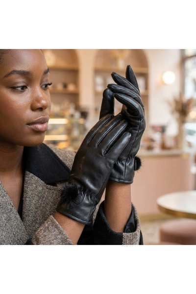 PIECE SIGNATURE Faux Leather Gloves with Fur Inside for Women