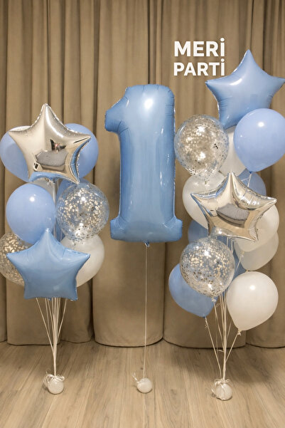 MERİ PARTİ Soft Mavi 1 Yaş Balon Seti – Yıldız Folyo & Konfetili Balon Buketi
