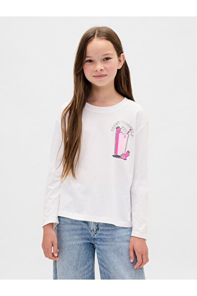 GAP Kız Çocuk Beyaz Relaxed Grafik Baskılı T-Shirt
