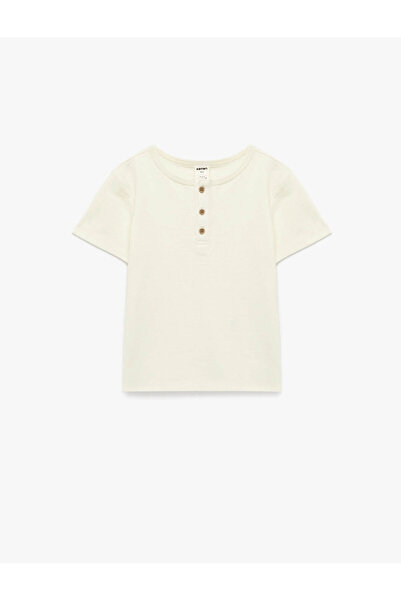 Koton Buttoned Short Sleeve Crew Neck Cotton T-Shirt