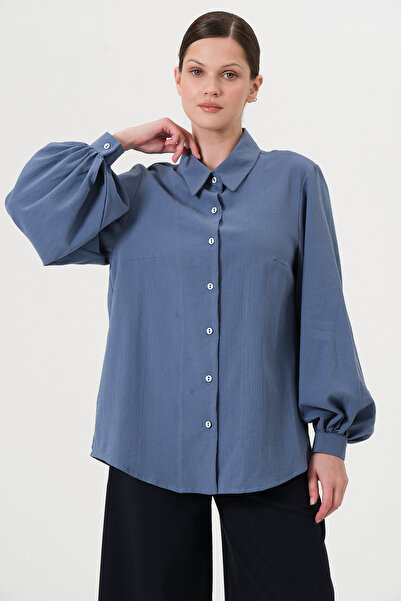 RELAXL 100% Cotton Comfortable Fit Balloon Sleeve Women's Shirt Cobalt Blue