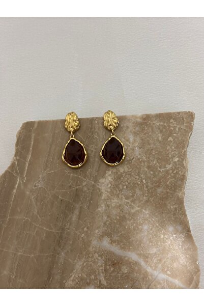 stainless steell Kahverengi Taşlı Vintage Çelik Küpe