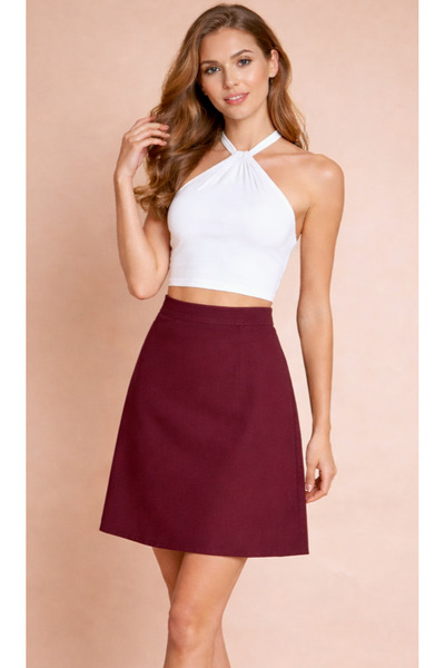 Kahra Collection Burgundy High Waist Lightweight Stretch Fabric Knee Length T...