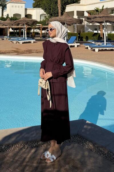 Şulemoda Giyim Banu Jileli Vest Set Dress Burgundy