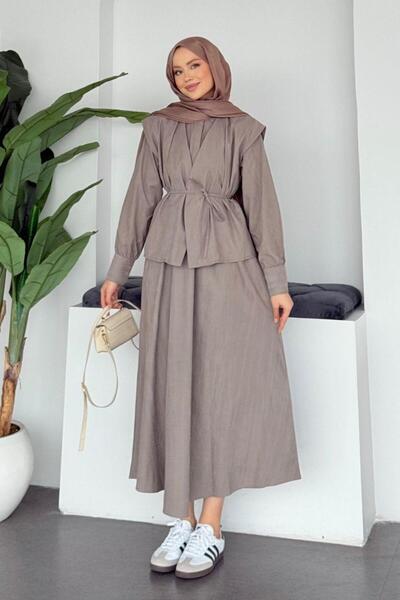 Şulemoda Giyim Banu Jileli Vest Set Dress Mink
