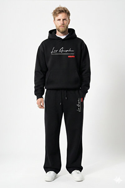 NİCE Black Baggy Oversized Men's Tracksuit Set Wide Leg 3 Thread Combed Cotto...