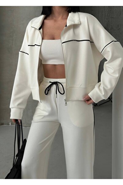 MODA CESE Modal Fabric Piped Metal Zipper Top and Bottom Long Sleeve Oversize...