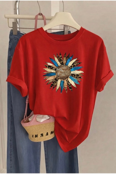 FUFLUNS Sunflower Printed Women's Oversize Crewneck T-Shirt