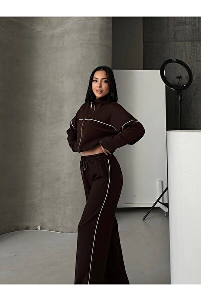 MODA CESE Modal Fabric Piped Metal Zipper Top and Bottom Long Sleeve Oversize...