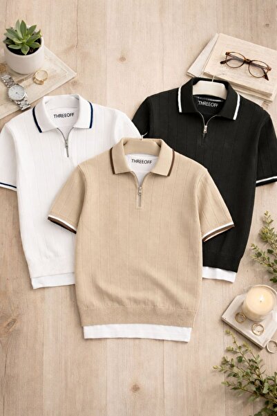 threeoff Erkek 3'lü Polo Yaka Triko Dokulu Regular Pamuklu Çok Renkli T-shirt