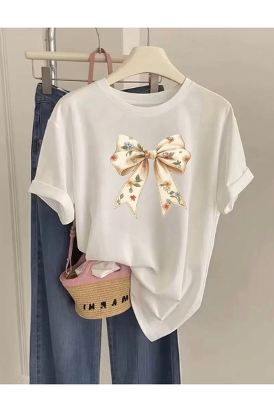 FUFLUNS Flowered Ribbon Printed Oversized Crew Neck T-Shirt
