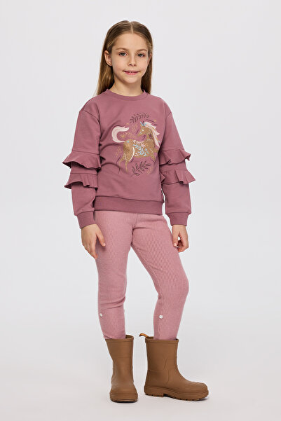 Panço Kız Çocuk Baskı Detaylı Mürdüm Sweatshirt