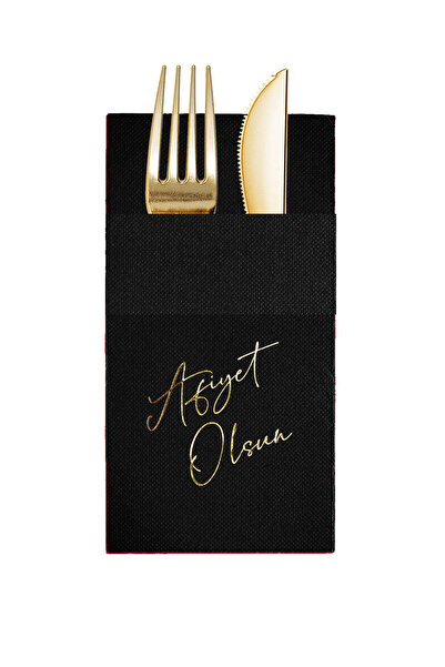 Story 40X40 cm Gold Foil Bon Appetit Patterned Black Color Paper Napkins with...
