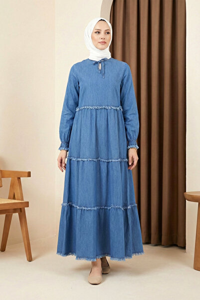 MODAQU Washable Denim Dress with Lace-Up Collar - Blue